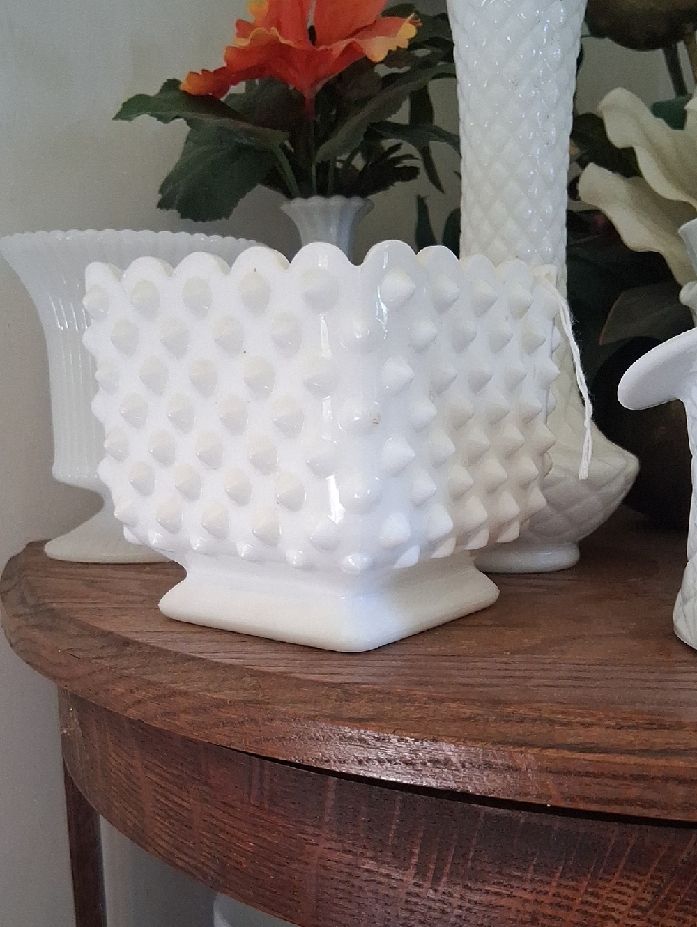 White Hobnail Milk Glass Square Planter